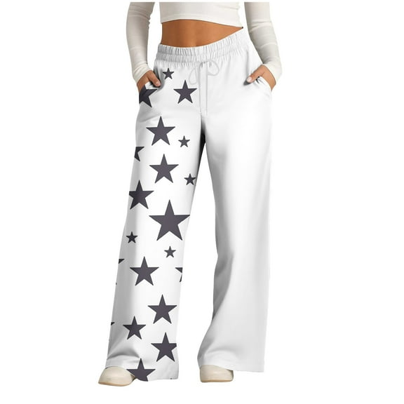 Annhoo Women's Pants Plus Size High Waisted Drawstring Wide Leg Trousers Trendy Stars Printed Palazzo Pants
