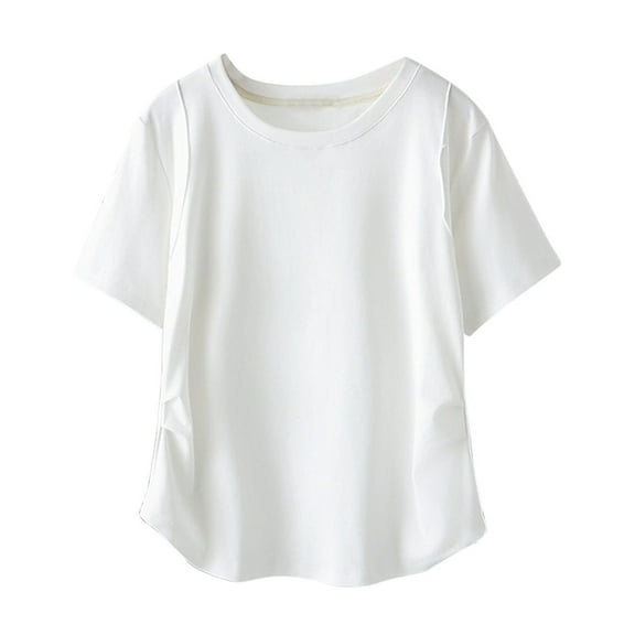 Annhoo Women's Plus Size Lounge Tops Summer Loose Short Sleeve Crewneck Ruched Tees Fashion Curved Hem T Shirts