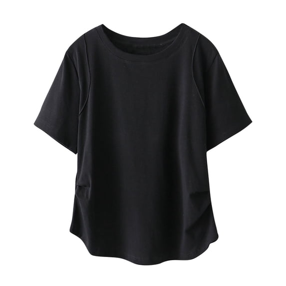 Annhoo Women's Plus Size Lounge Tops Summer Loose Short Sleeve Crewneck Ruched Tees Fashion Curved Hem T Shirts