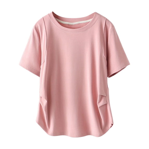 Annhoo Women's Plus Size Lounge Tops Summer Loose Short Sleeve Crewneck Ruched Tees Fashion Curved Hem T Shirts