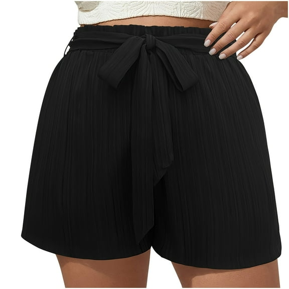Annhoo Women's Plus Size Shorts Bow Tie Waisted Casual Solid Color Wide Leg Loose Lounge Vacation Shorts