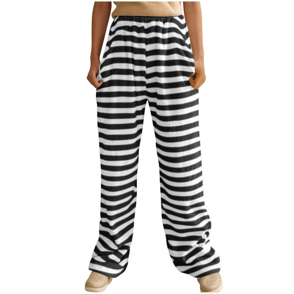 Annhoo Women's Plush Pajama Pants Winter Comfy Warm High Waisted Striped Fleece Trousers Soft Straight Leg Pants