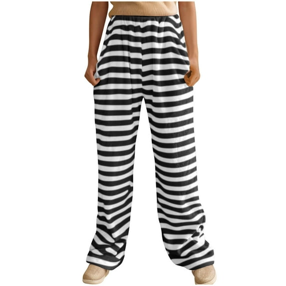 Annhoo Women's Plush Pajama Pants Winter Comfy Warm High Waisted Striped Fleece Trousers Soft Straight Leg Pants