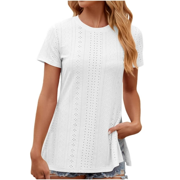 Annhoo Women's Short Sleeve Tops Trendy Knitted Crewneck Side Slit T Shirts Basic Casual Vacation Blouses