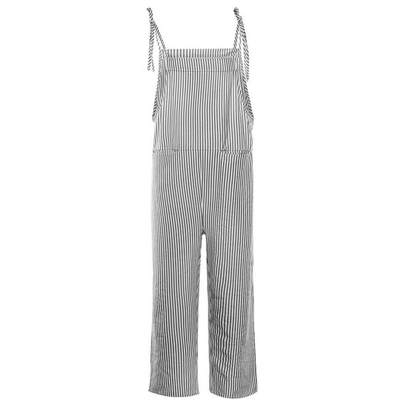 Annhoo Women's Summer Bib Overalls Striped Tie Straps Sleeveless Jumpsuits Casual Loose Rompers with Pockets