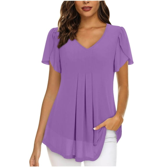 Annhoo Women's Summer Chiffon Tops Casual Pleated Petal Short Sleeve V Neck Dressy Shirts Double Layers Mesh Blouses