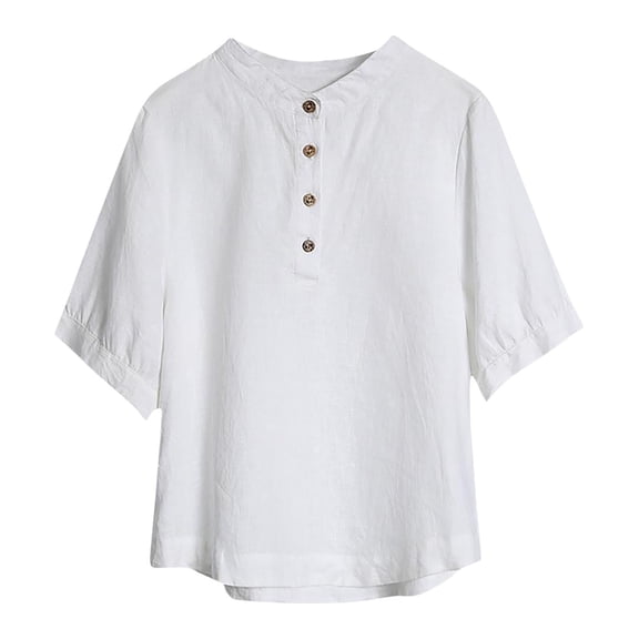 Annhoo Women's Summer Cotton Linen Tops Half Sleeve Round Neck Button Shirts Comfy Regular Casual Going out Blouses