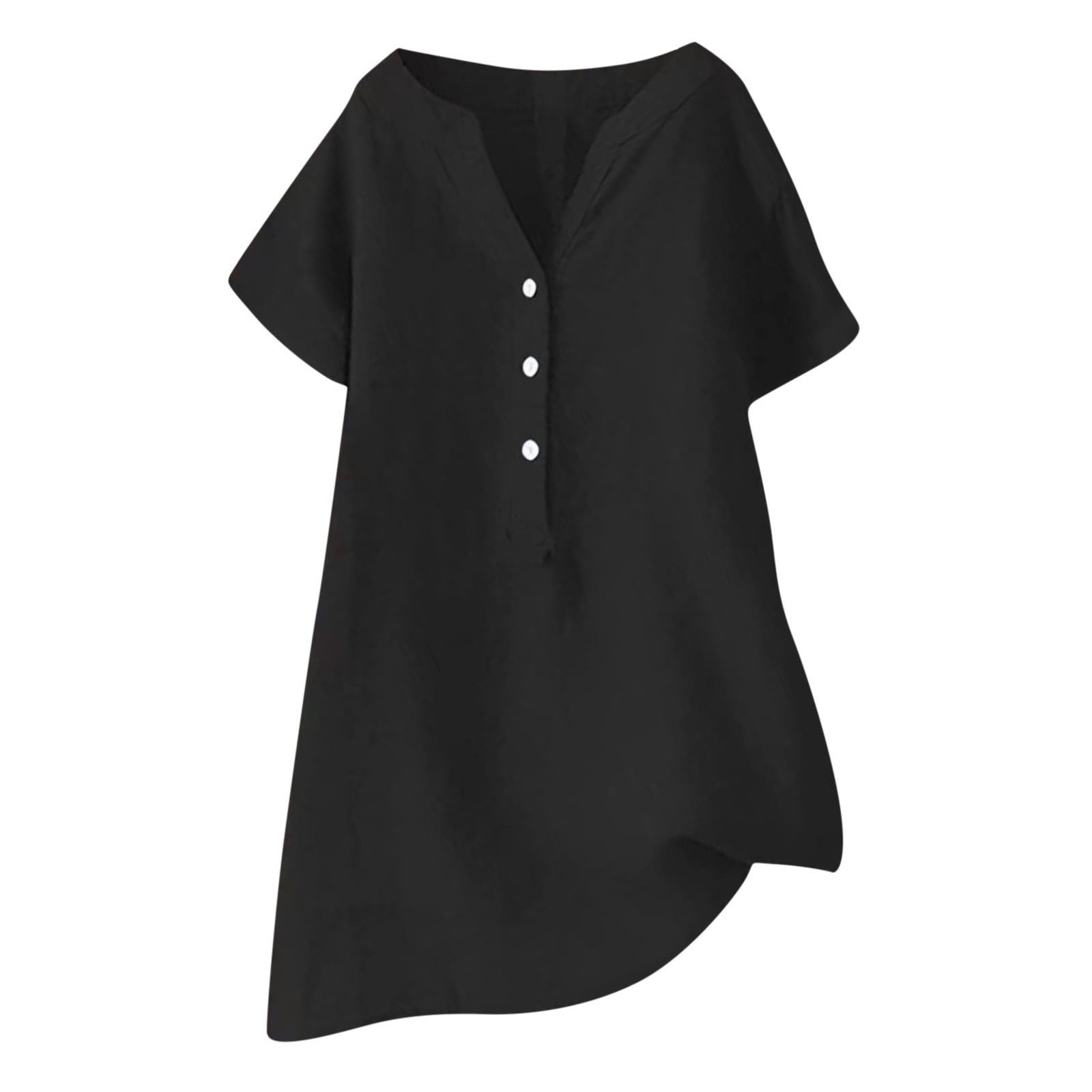 Plus Size Black Linen Cotton Loose Top For Summer Breathable Comfort Everyday Wear main image 1