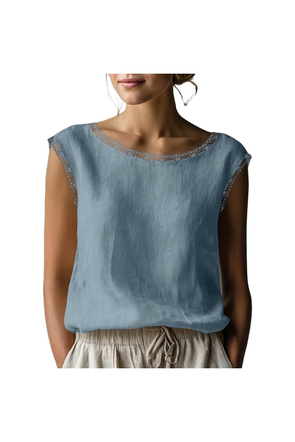 Women's Summer Linen Shirts Trendy Cap Sleeve Lace-Trim Round Neck Loose Blouses Solid Color Comfy Shirts