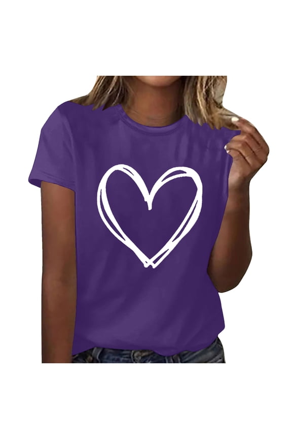 Women's Summer Short Sleeve Tshirts Cute Heart Graphic Printed Crewneck Tops Plus Size Casual Clothes