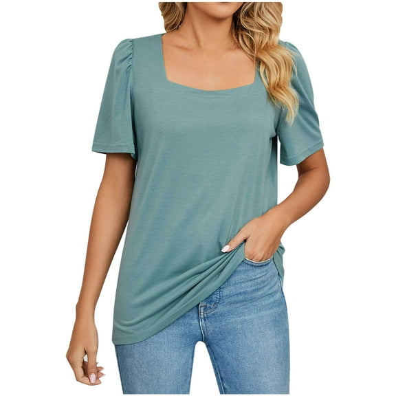 Annhoo Women's Summer Tops Casual Square Neck Short Sleeve Dressy Shirts for Wear with Leggings Fashion Outfits