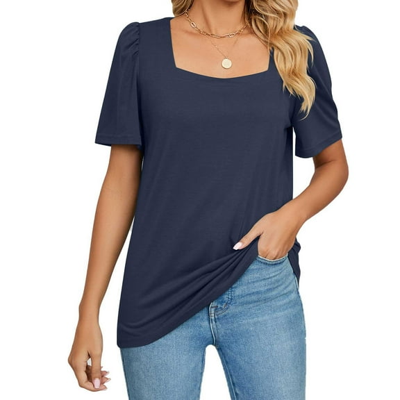 Annhoo Women's Summer Tops Casual Square Neck Short Sleeve Dressy Shirts for Wear with Leggings Fashion Outfits