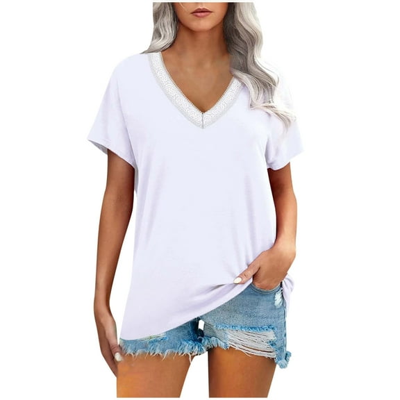 Annhoo Women's Summer Tops Short Sleeve Lace Patchwork V Neck Shirts Casual Solid Color Comfy Dressy Shirts