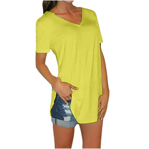 Annhoo Women's Summer Tops V Neck Short Sleeve T-Shirts with Leggings Casual Solid Color Curved Hem Blouses