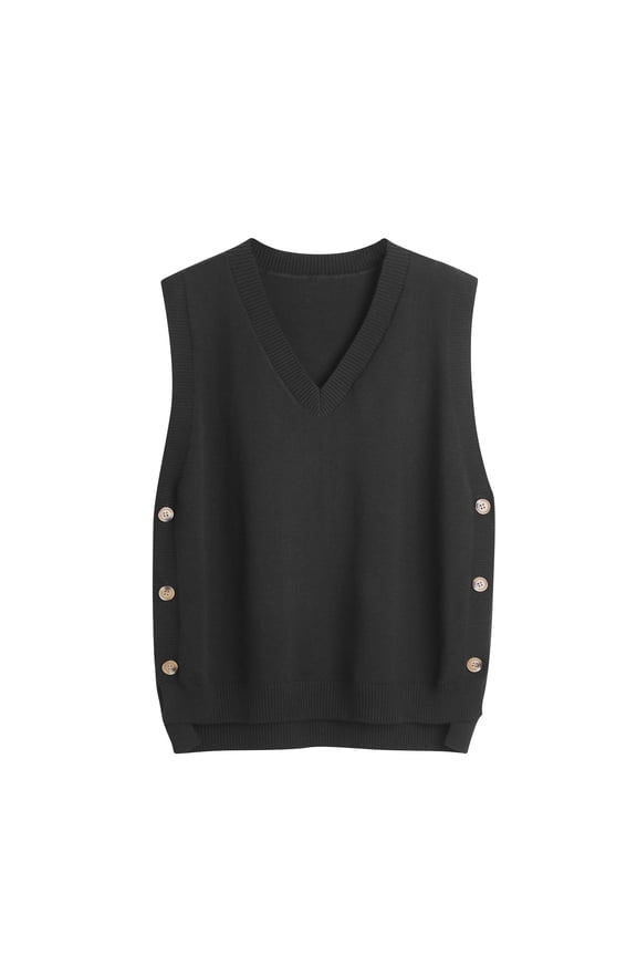 Women's Sweater Vest V Neck Sleeveless Knit Vest Fall Plus Size Side Button High Low Hem Pullover Tops