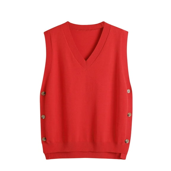 Annhoo Women's Sweater Vest V Neck Sleeveless Knit Vest Fall Plus Size Side Button High Low Hem Pullover Tops