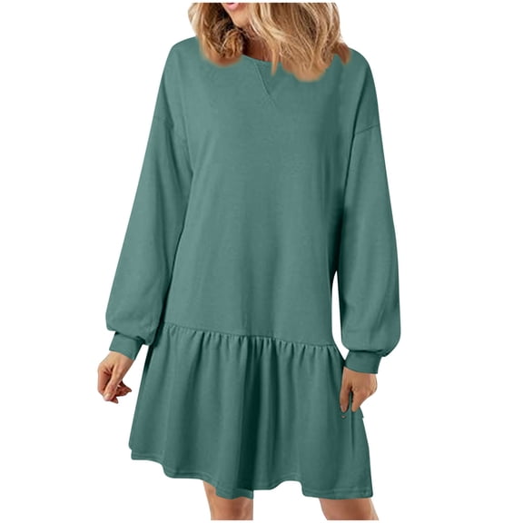 Annhoo Women's Sweatshirt Dresses Fall Casual Long Sleeved Crewneck Pullover Dress Plus Size Casual Mini Dress