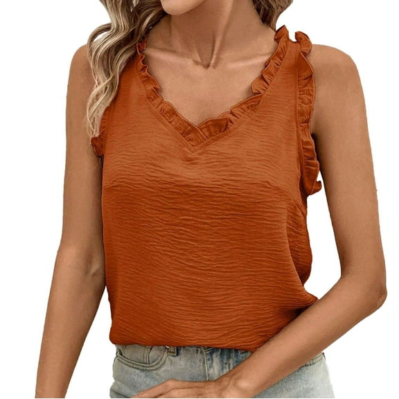 Annhoo Women's Tank Tops 2025 Ruffle Trim Sleeveless Shirts Summer V Neck Trendy Casual Solid Color Basic Tee