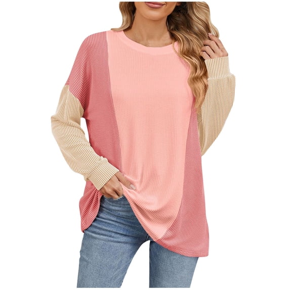 Annhoo Women's Tops Fall Winter Long Sleeve Round Neck Knitted Blouses Fashion Color Block Pullover Shirts