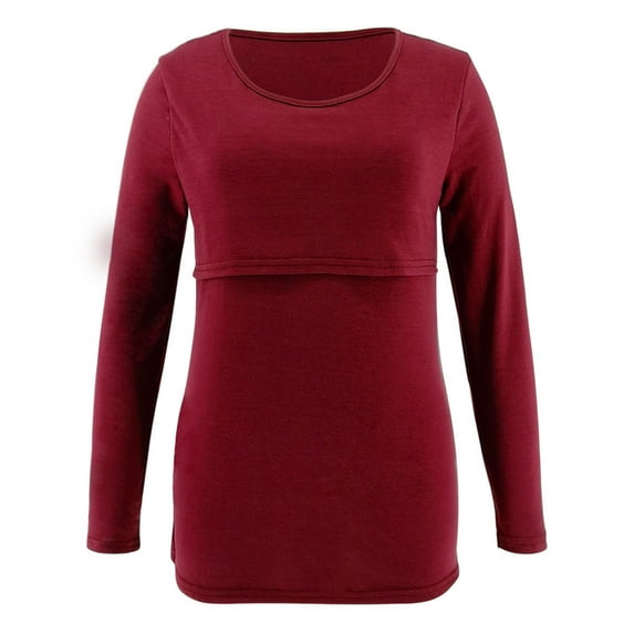 Annhoo Women's Tops for Maternity Solid Color Long Sleeve Crew Neck Breastfeeding Blouse Nursing Pregnant Pullover Shirts