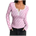 thumbnail image 1 of Annhoo Women's Trendy Clothes Dots Printed Long Sleeve Crew Neck Button T-Shirts Slim Casual Basic Ribbed Knit Tops, 1 of 6