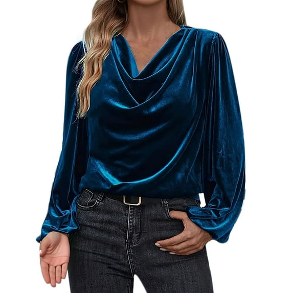 Annhoo Women's Velvet Shirts Cowl Neck Drape Ruched Front Elegant Long Sleeve Tops Dressy Casual Loose Work Blouses