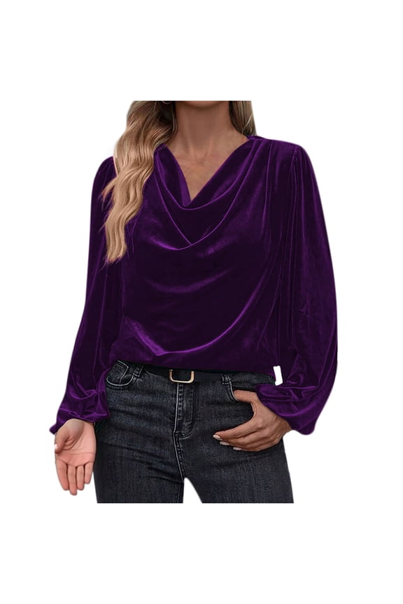 Women's Velvet Shirts Cowl Neck Drape Ruched Front Elegant Long Sleeve Tops Dressy Casual Loose Work Blouses