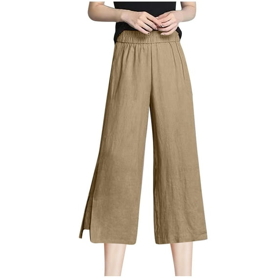 Annhoo Women's Wide Leg Cropped Pants Plus Size Elastic High Waist Cotton Linen Trousers Side Slit Palazzo Pants