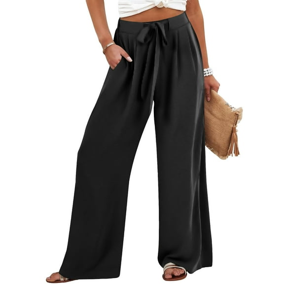 Annhoo Women's Wide Leg Pants Casual Solid Color High Waist Drawstring Trousers with Pocket Flowy Loose Vacation Bottoms
