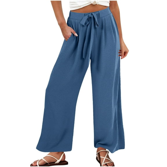Annhoo Women's Wide Leg Pants Casual Solid Color High Waist Drawstring Trousers with Pocket Flowy Loose Vacation Bottoms