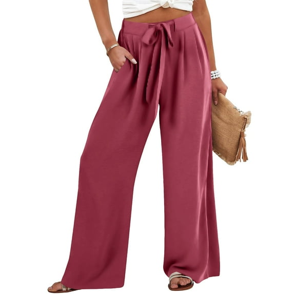 Annhoo Women's Wide Leg Pants Casual Solid Color High Waist Drawstring Trousers with Pocket Flowy Loose Vacation Bottoms