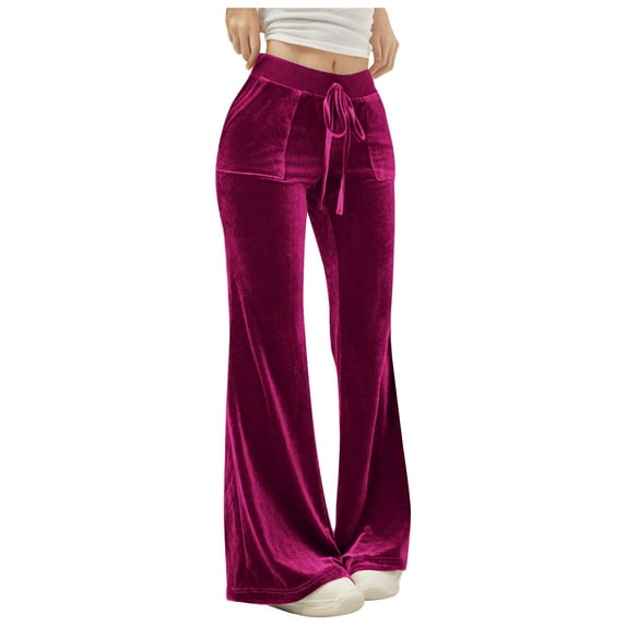 Annhoo Women's Wide Leg Pants Velvet Casual High Waisted Elastic Trendy Comfy Drawstring Velour Flare Pants with Pockets