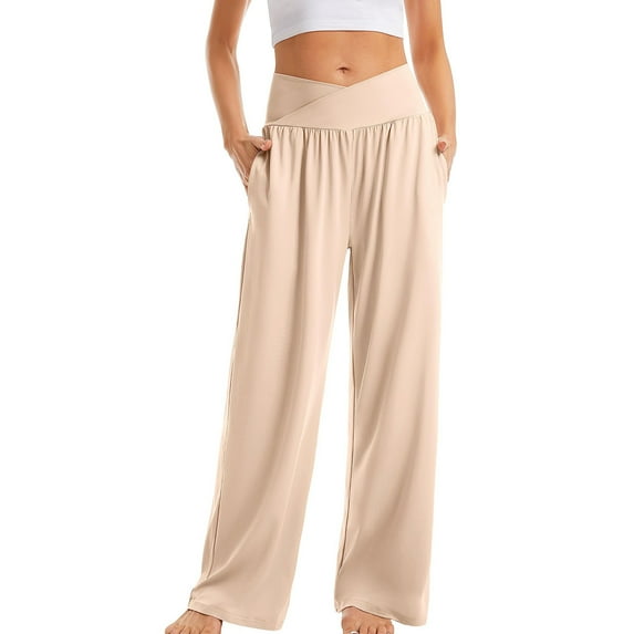 Annhoo Women's Wide Leg Yoga Pants Plus Size Casual Loose V Crossover High Waisted Lounge Pants Athletic Trouser