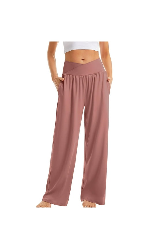 Women's Wide Leg Yoga Pants Plus Size Casual Loose V Crossover High Waisted Lounge Pants Athletic Trouser