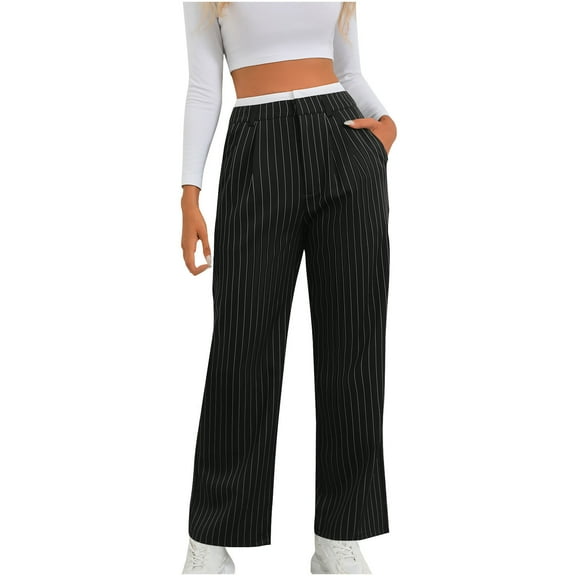 Annhoo Women's Work Pants Relaxed Loose Stylish Striped High Waist Pant with Pockets Straight Wide Leg Casual Trousers