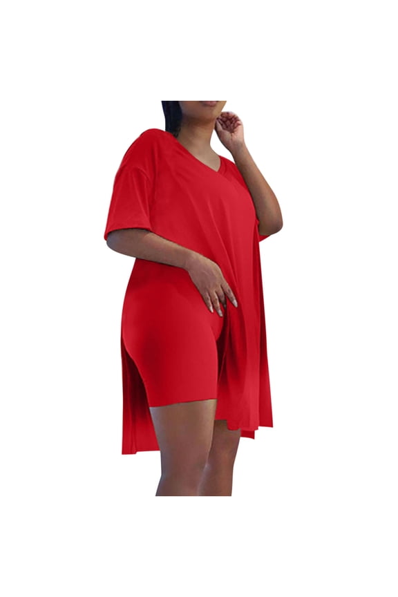 Women's Workout 2 Piece Outfits Short Sleeve V Neck Side Split Tunic Tops and Skinny Biker Shorts Set Tracksuit