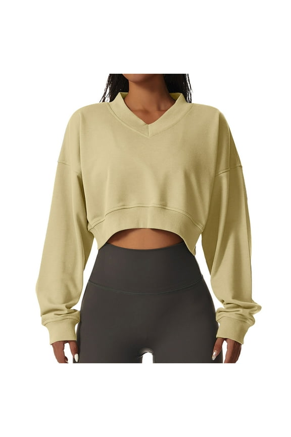 Women's Workout Shirts Trendy Long Sleeve V-Neck Casual Cropped Tops Comfy Solid Color Yoga Gym Sports Pullover