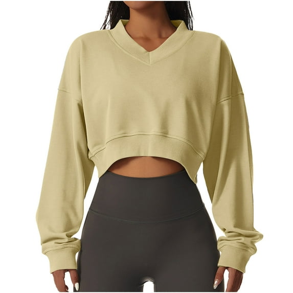 Annhoo Women's Workout Shirts Trendy Long Sleeve V-Neck Casual Cropped Tops Comfy Solid Color Yoga Gym Sports Pullover