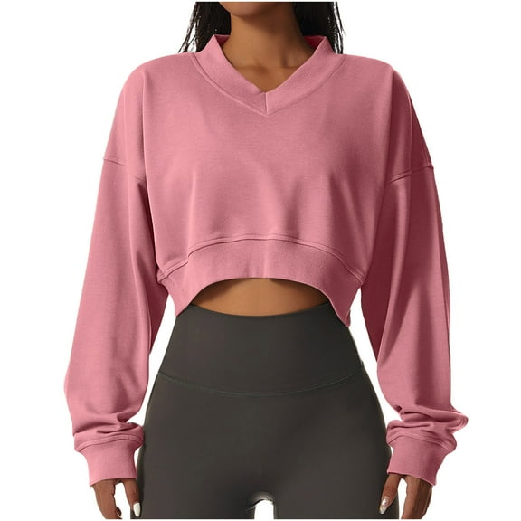 Annhoo Women's Workout Shirts Trendy Long Sleeve V-Neck Casual Cropped Tops Comfy Solid Color Yoga Gym Sports Pullover