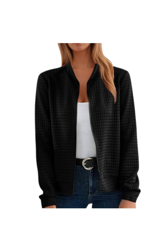Women's Zip up Jackets Fall Long Sleeve Knitted Casual Outwear Fashion Stand Neck Bomber Jackets