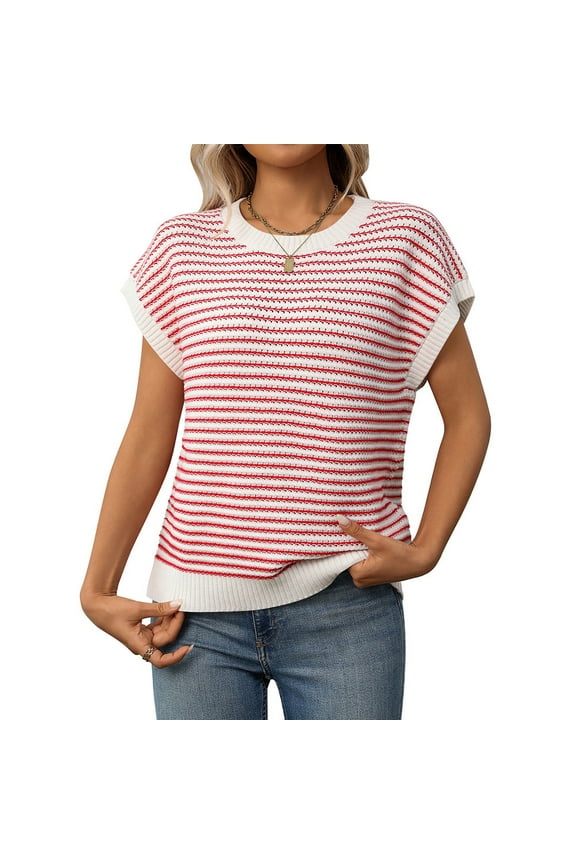 Women's Cap Sleeves Round Neck Striped Knit Pullover Tee Shirts Summer Basic Casual Tops
