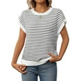 thumbnail image 1 of Annhoo Women's Cap Sleeves Round Neck Striped Knit Pullover Tee Shirts Summer Basic Casual Tops, 1 of 7