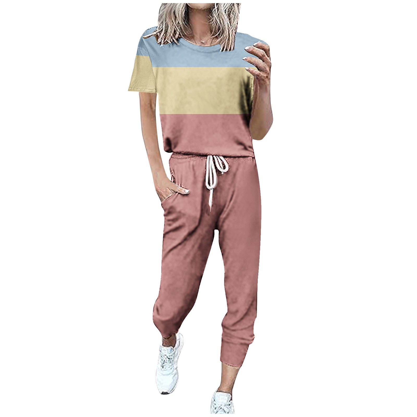 Annhoo Womens 2 Piece Workout Sweatsuit Sets Crewneck Short Sleeve Sweatshirts Drawstring Capri Sweatpants with Pockets Walmart