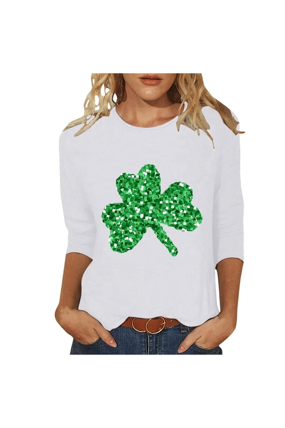 Womens 3/4 Sleeve St. Patrick's Day Tops Cute Shamrock Graphic Print Crewneck Pullover Shirts Loose Spring Clothes