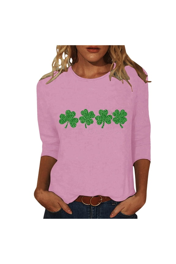 Womens 3/4 Sleeve St. Patrick's Day Tops Shamrock Graphic Print Crewneck Pullover Shirts Spring Summer Clothes