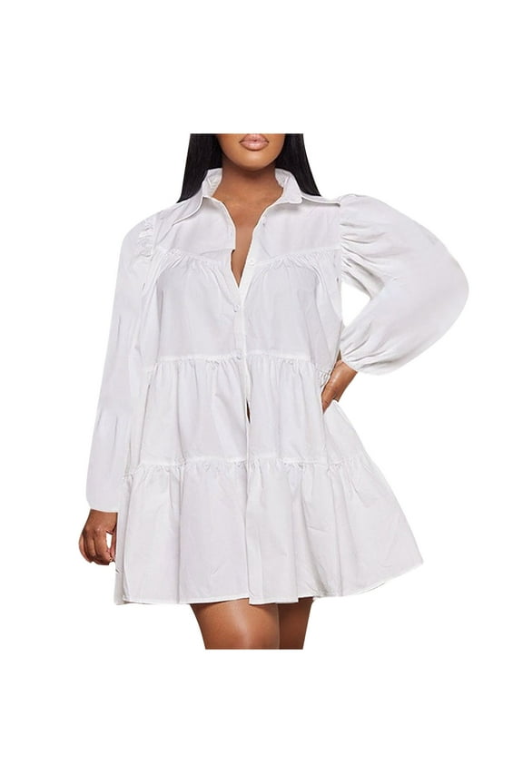 Womens Babydoll Dress Fall Long Sleeve Lapel Button down Mini Dress Plus Size Ruffle Tiered A Line Pleated Dress