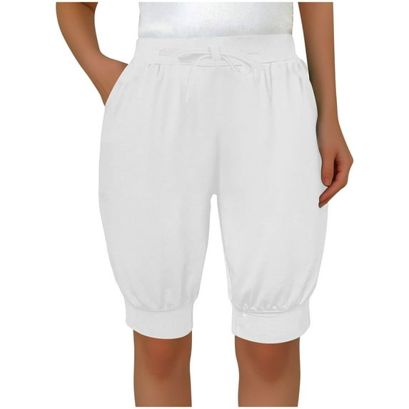 Annhoo Womens Bloomers Shorts Knee Length Drawstring Elastic Pants Jogger Casual Summer Beach Pockets Vacation Shorts