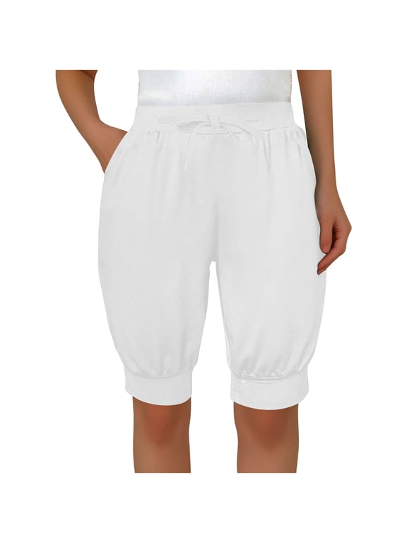 Womens Bloomers Shorts Knee Length Drawstring Elastic Pants Jogger Casual Summer Beach Pockets Vacation Shorts