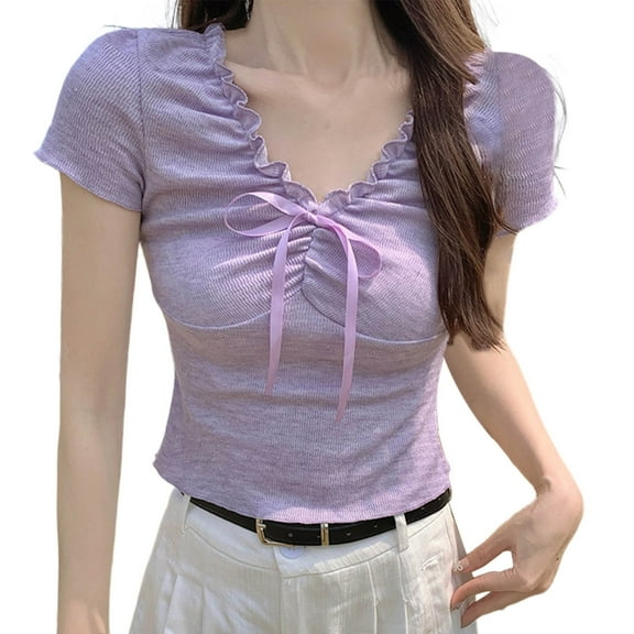 Annhoo Womens Blouse Pleated V Neck Tie Front Short Sleeve Tee Shirts Cute Casual Clothes Slim Trendy Tops