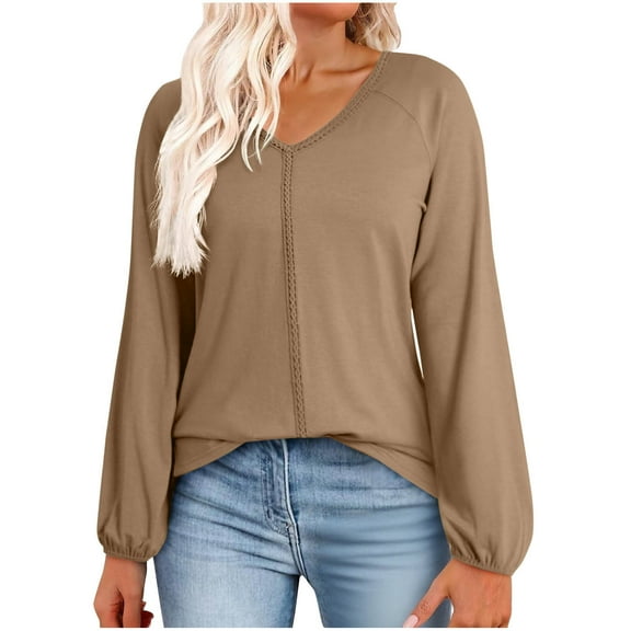 Annhoo Womens Blouses V Neck Long Sleeve Undershirts Solid Color Stretch Breathable Loose Fall Winter Casual Hiking Workout Tops